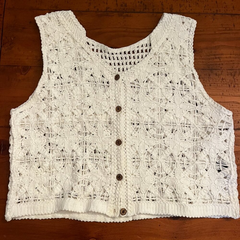 White Crochet Knit Button-Up Vest